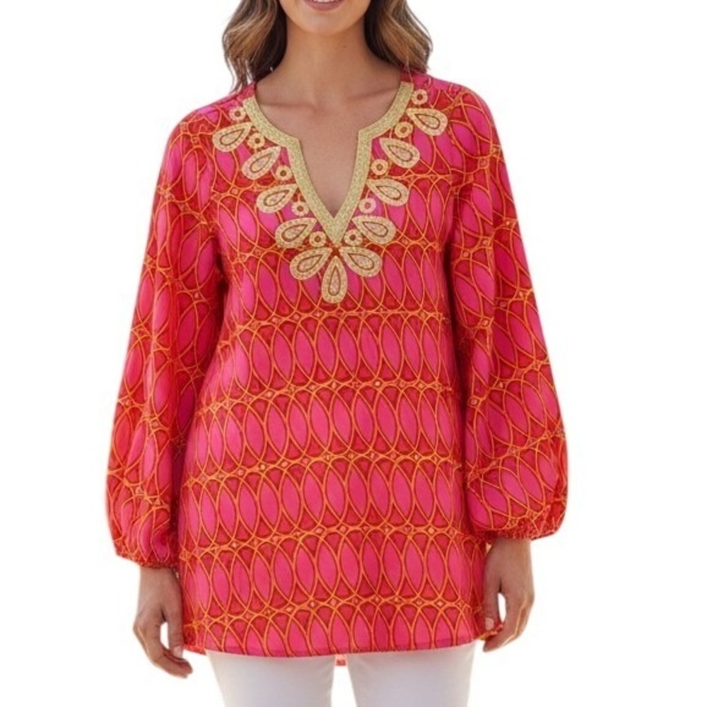 Mud Pie Tunic Top Womens Small Pink Orange Geometric Gold‎ Embroidered V-Neck